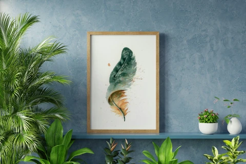 Image of a feather watercolor painting by Shayna Larsen, originals & prints available