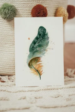 Image of a feather watercolor painting by Shayna Larsen, originals & prints available