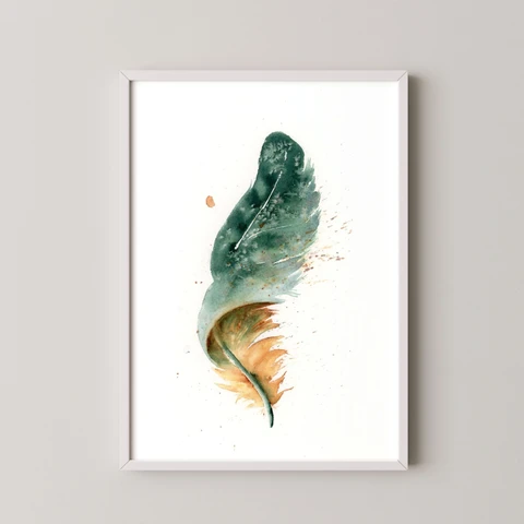 Image of a feather watercolor painting by Shayna Larsen, originals & prints available