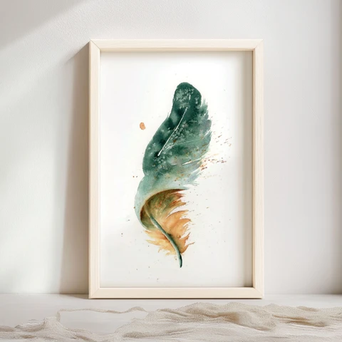 Image of a feather watercolor painting by Shayna Larsen, originals & prints available