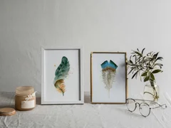 Image of a feather watercolor painting by Shayna Larsen, originals & prints available