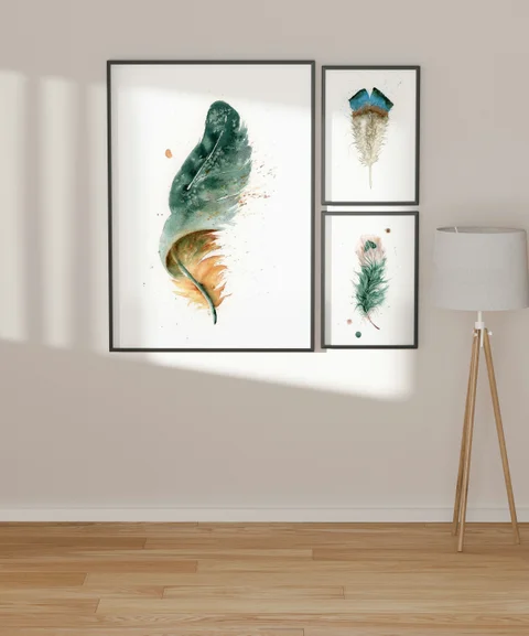Image of a feather watercolor painting by Shayna Larsen, originals & prints available