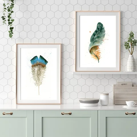 Image of a feather watercolor painting by Shayna Larsen, originals & prints available