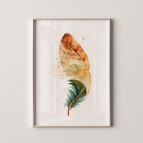 Image of a feather watercolor painting by Shayna Larsen, originals & prints available
