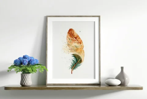 Image of a feather watercolor painting by Shayna Larsen, originals & prints available