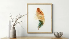 Image of a feather watercolor painting by Shayna Larsen, originals & prints available