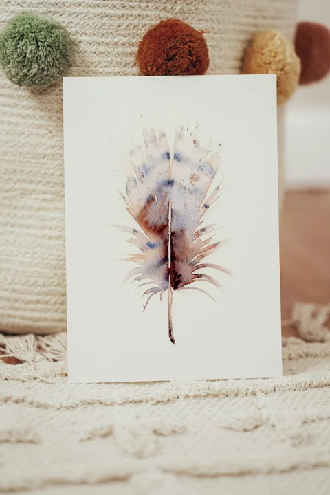 Image of a feather watercolor painting by Shayna Larsen, originals & prints available