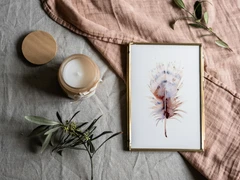 Image of a feather watercolor painting by Shayna Larsen, originals & prints available