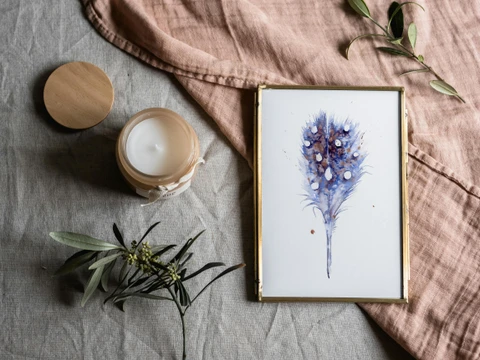 Image of a feather watercolor painting by Shayna Larsen, originals & prints available