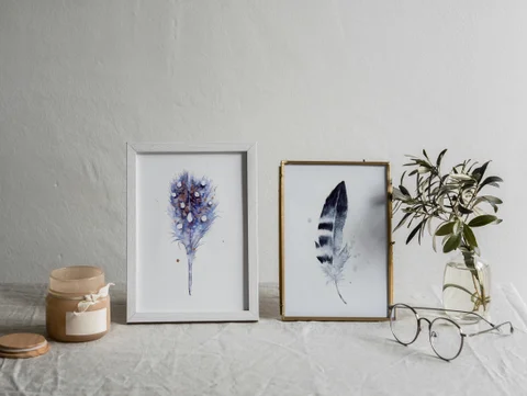 Image of a feather watercolor painting by Shayna Larsen, originals & prints available