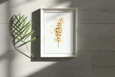 Image of a feather watercolor painting by Shayna Larsen, originals & prints available