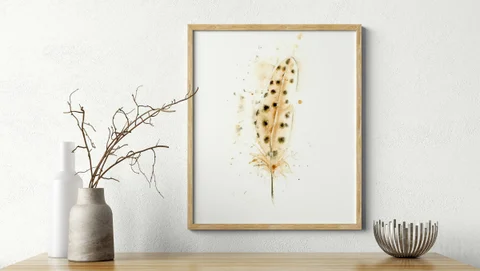 Image of a feather watercolor painting by Shayna Larsen, originals & prints available