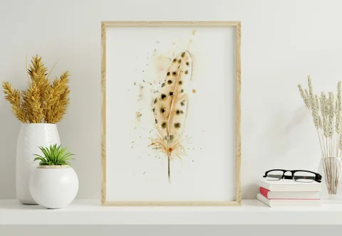 Image of a feather watercolor painting by Shayna Larsen, originals & prints available