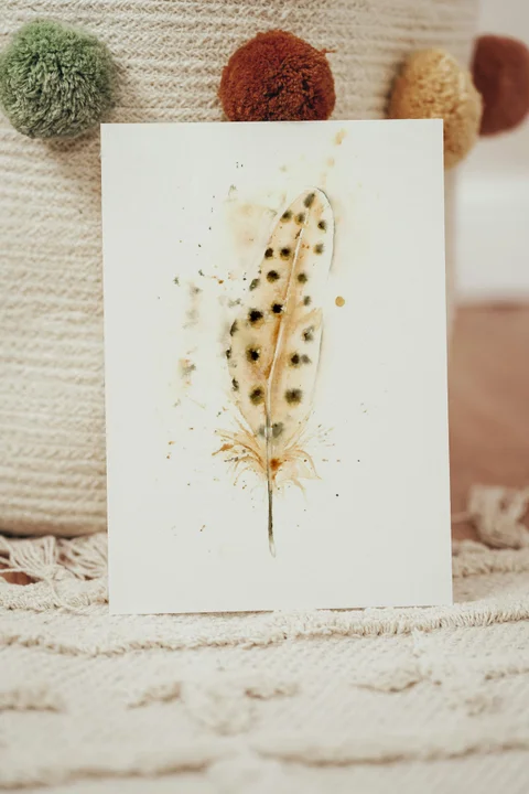 Image of a feather watercolor painting by Shayna Larsen, originals & prints available