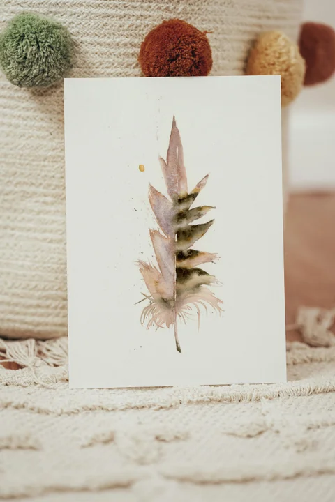 Image of a feather watercolor painting by Shayna Larsen, originals & prints available
