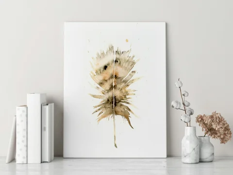 Image of a feather watercolor painting by Shayna Larsen, originals & prints available