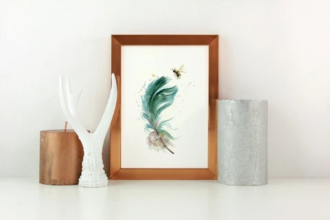 Image of a feather watercolor painting by Shayna Larsen, originals & prints available