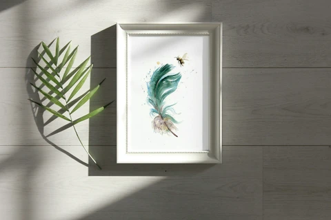 Image of a feather watercolor painting by Shayna Larsen, originals & prints available