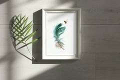 Image of a feather watercolor painting by Shayna Larsen, originals & prints available