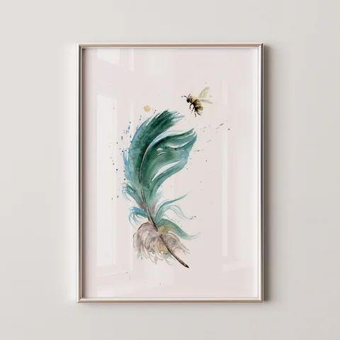 Image of a feather watercolor painting by Shayna Larsen, originals & prints available