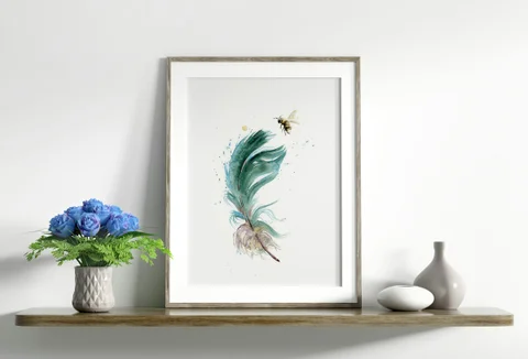 Image of a feather watercolor painting by Shayna Larsen, originals & prints available