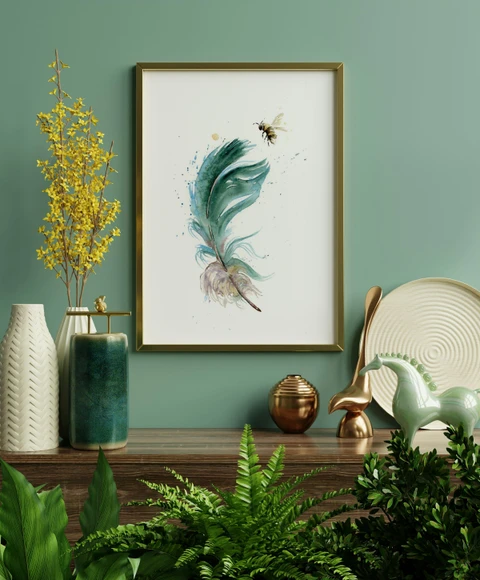 Image of a feather watercolor painting by Shayna Larsen, originals & prints available