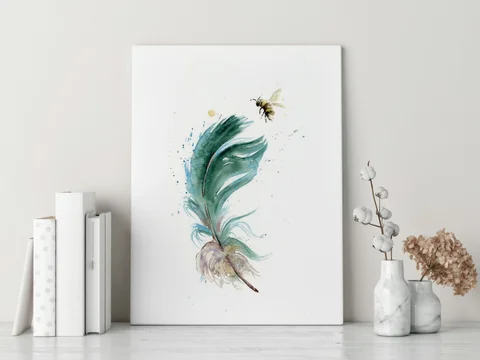 Image of a feather watercolor painting by Shayna Larsen, originals & prints available