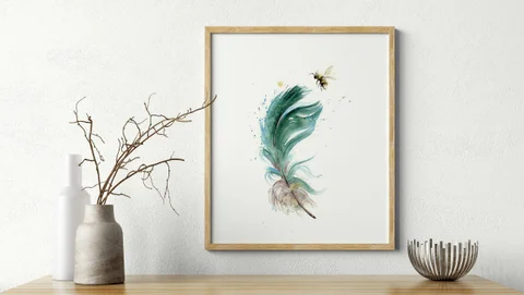 Image of a feather watercolor painting by Shayna Larsen, originals & prints available