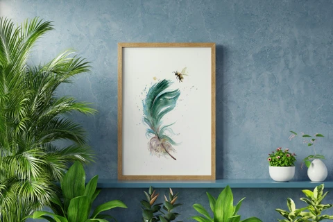 Image of a feather watercolor painting by Shayna Larsen, originals & prints available