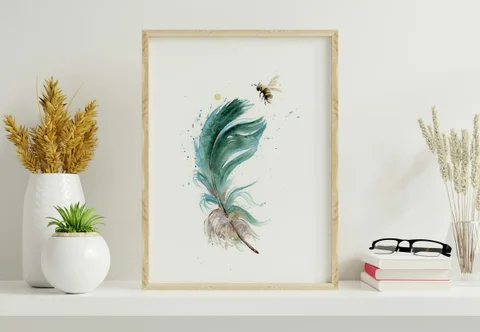 Image of a feather watercolor painting by Shayna Larsen, originals & prints available