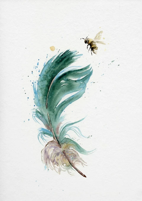 Image of a feather watercolor painting by Shayna Larsen, originals & prints available