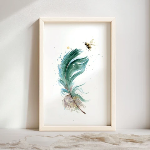 Image of a feather watercolor painting by Shayna Larsen, originals & prints available