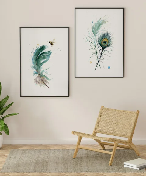 Image of a feather watercolor painting by Shayna Larsen, originals & prints available