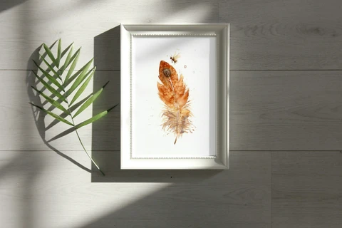 Image of a feather watercolor painting by Shayna Larsen, originals & prints available