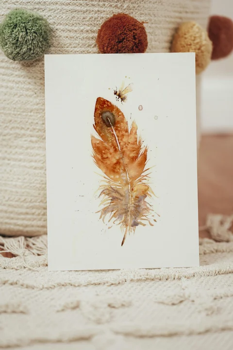 Image of a feather watercolor painting by Shayna Larsen, originals & prints available
