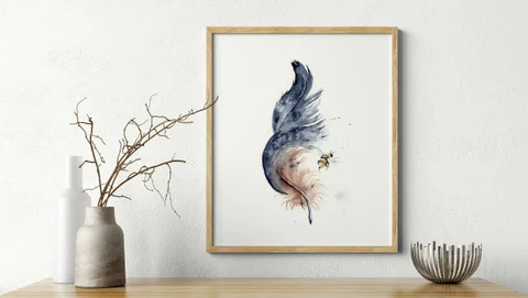 Image of a feather watercolor painting by Shayna Larsen, originals & prints available