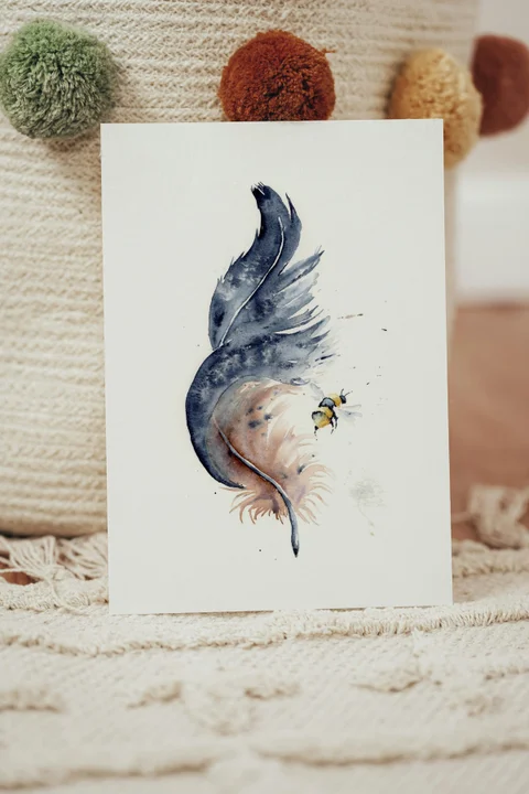 Image of a feather watercolor painting by Shayna Larsen, originals & prints available
