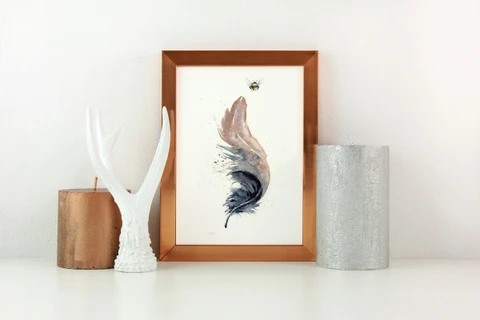 Image of a feather watercolor painting by Shayna Larsen, originals & prints available