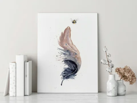 Image of a feather watercolor painting by Shayna Larsen, originals & prints available