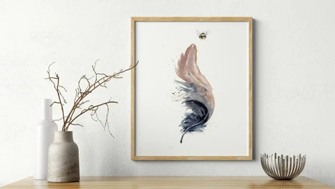 Image of a feather watercolor painting by Shayna Larsen, originals & prints available