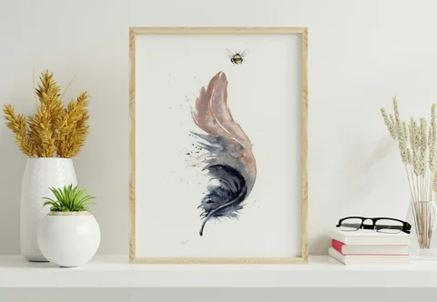 Image of a feather watercolor painting by Shayna Larsen, originals & prints available