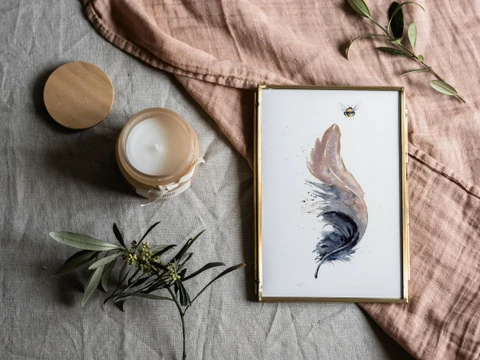 Image of a feather watercolor painting by Shayna Larsen, originals & prints available
