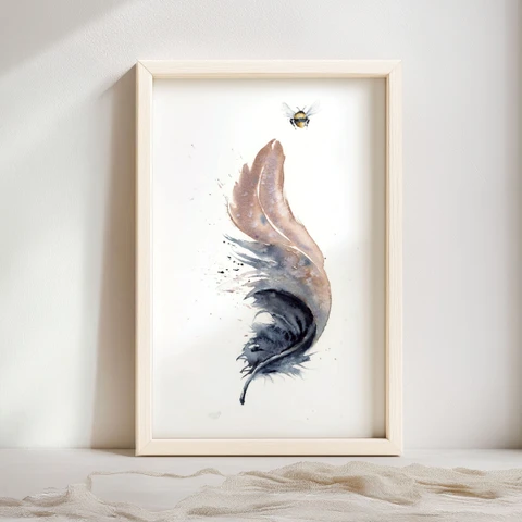 Image of a feather watercolor painting by Shayna Larsen, originals & prints available