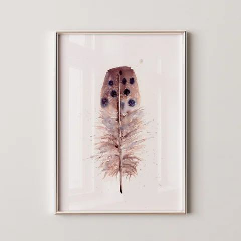 Image of a feather watercolor painting by Shayna Larsen, originals & prints available