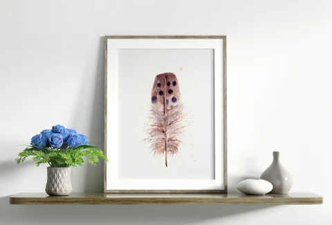 Image of a feather watercolor painting by Shayna Larsen, originals & prints available