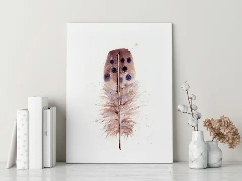 Image of a feather watercolor painting by Shayna Larsen, originals & prints available