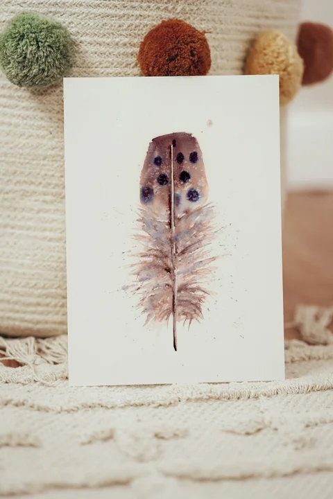 Image of a feather watercolor painting by Shayna Larsen, originals & prints available
