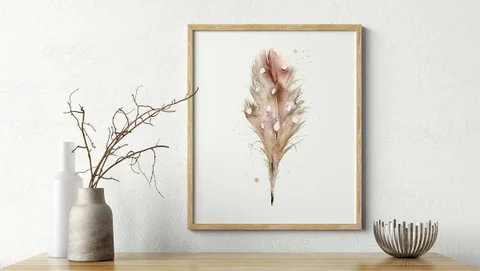 Image of a feather watercolor painting by Shayna Larsen, originals & prints available