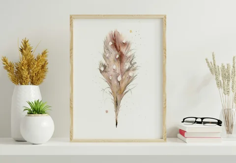 Image of a feather watercolor painting by Shayna Larsen, originals & prints available