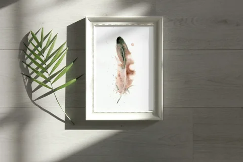 Image of a feather watercolor painting by Shayna Larsen, originals & prints available